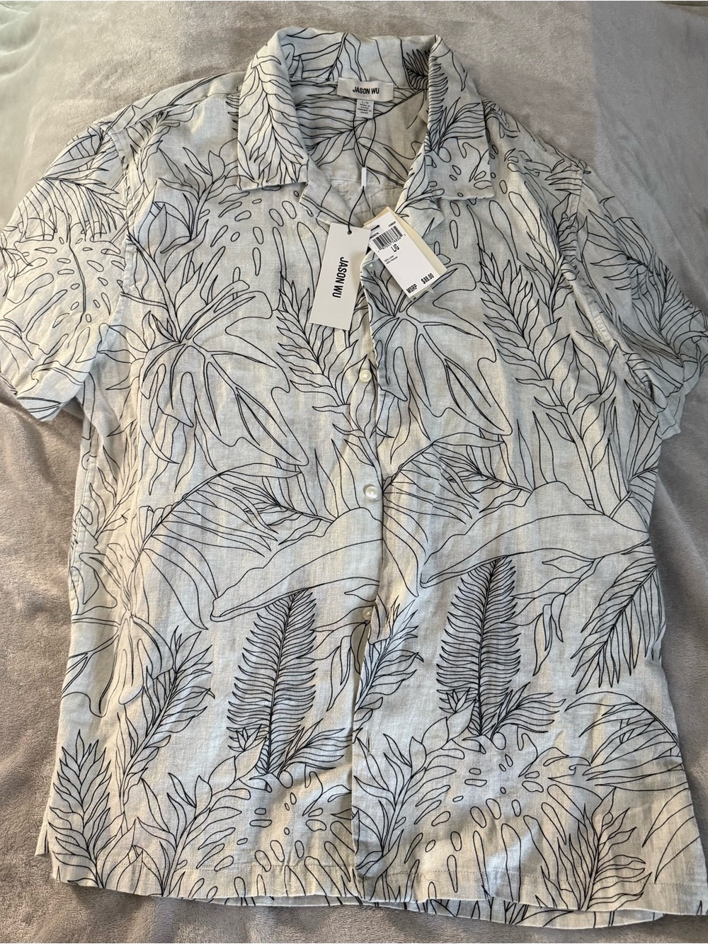 Jason Wu NWT Light Gray Short-Sleeve Button-Down with Black Tropical Leaf Print